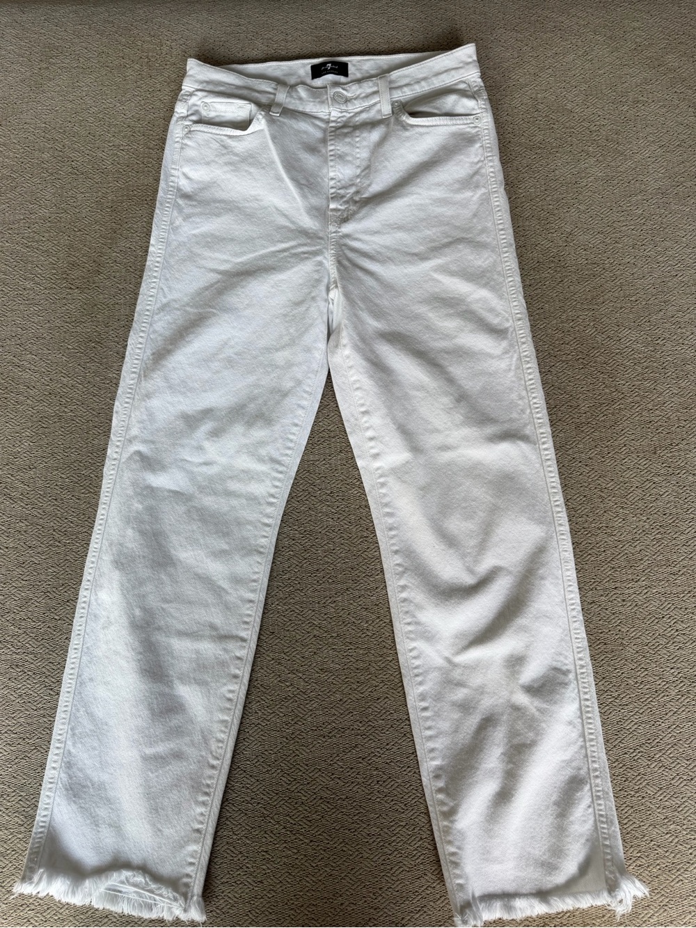7 For All Mankind High Waist Cropped Straight Jeans White Raw Hem Size 29